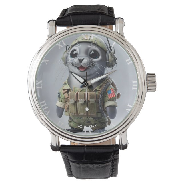 Fantasy Schattige Zee Seal Warrior Horloge (Voorkant)