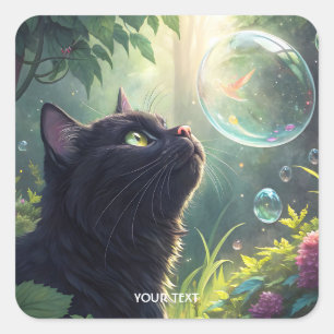 Fantasy Schattige Zwarte Kat Bos Vierkante Sticker
