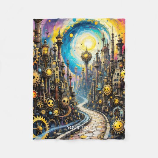 Fantasy Schattigee Abstracte Steampunk City Fleece Deken (Voorkant)