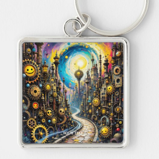 Fantasy Schattigee Abstracte Steampunk City Sleutelhanger (Voorkant)