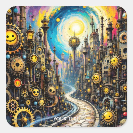 Fantasy Schattigee Abstracte Steampunk City Vierkante Sticker (Voorkant)