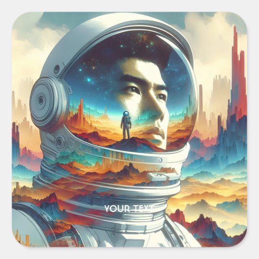 Fantasy Schattigee Astronaut Space Planet. Vierkante Sticker (Voorkant)