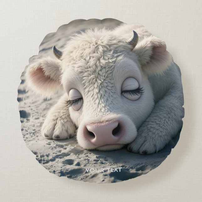 Fantasy Schattigee Baby Koe Slapen Rond Kussen (Voorkant)