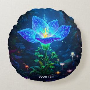 Fantasy Schattigee bioluminescente blauwe bloem Rond Kussen