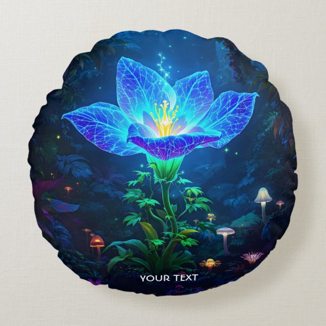 Fantasy Schattigee bioluminescente blauwe bloem Rond Kussen (Voorkant)