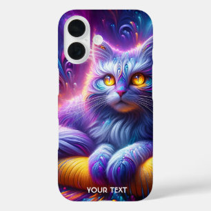 Fantasy Schattigee Blauwe Paarse Kat iPhone 16 Hoesje