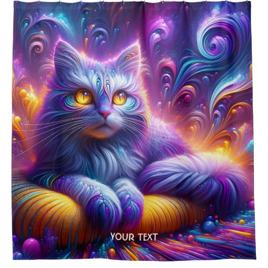 Fantasy Schattigee Blauwe Paarse Kat Douchegordijn (Voorkant)