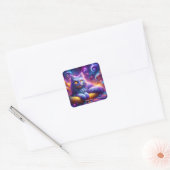 Fantasy Schattigee Blauwe Paarse Kat Vierkante Sticker (Envelop)
