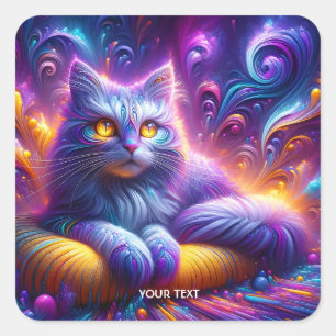 Fantasy Schattigee Blauwe Paarse Kat Vierkante Sticker