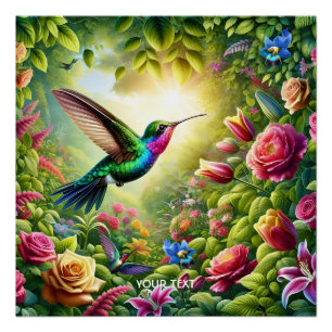 Fantasy Schattigee Bloemen Regenboog Kolibrie Perfect Poster