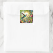 Fantasy Schattigee Bloemen Regenboog Kolibrie Vierkante Sticker (Tas)