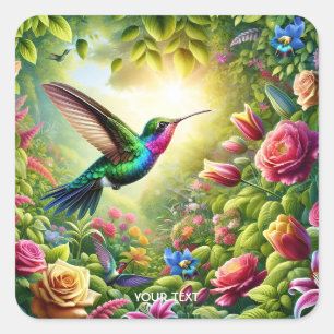 Fantasy Schattigee Bloemen Regenboog Kolibrie Vierkante Sticker
