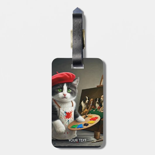 Fantasy Schattigee Cat Beret Schilderij Bagagelabel (Achterkant verticaal)