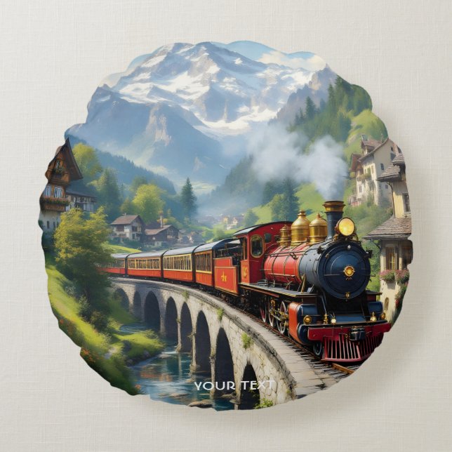 Fantasy Schattigee Crimson Antiek Train Rond Kussen (Voorkant)