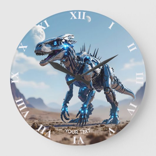 Fantasy Schattigee Cyborg Dinosauruswoestijn Grote Klok (Voorkant)