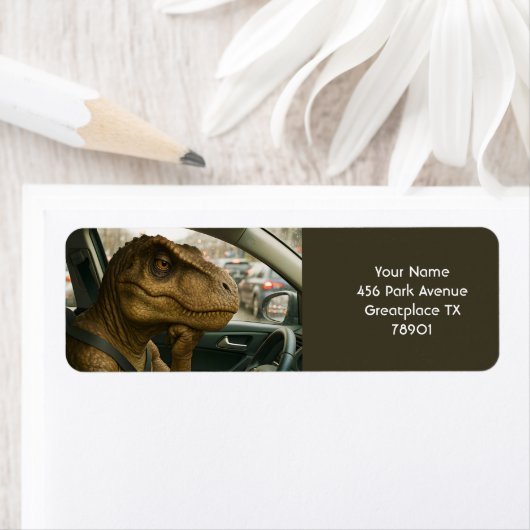 Fantasy Schattigee dinosaurus rijdende auto Etiket (Insitu)