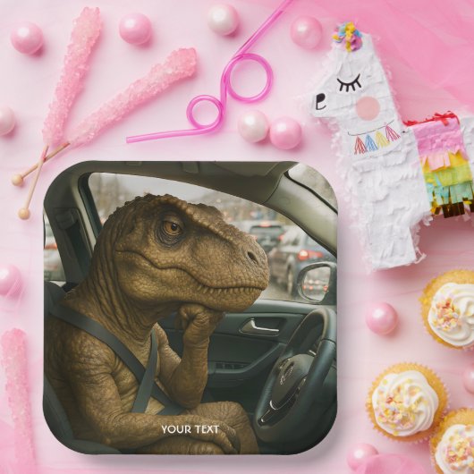 Fantasy Schattigee dinosaurus rijdende auto Papieren Bordje (Feest)