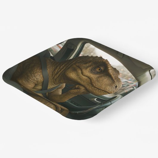 Fantasy Schattigee dinosaurus rijdende auto Papieren Bordje (Gebogen)