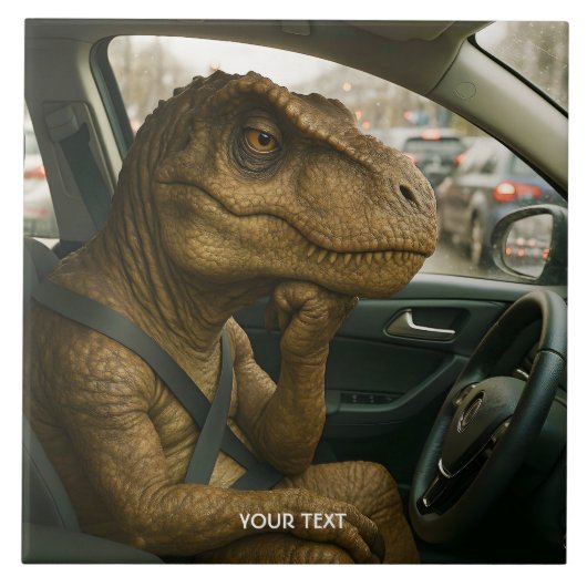 Fantasy Schattigee dinosaurus rijdende auto Tegeltje (Voorkant)