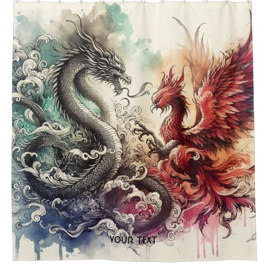 Fantasy Schattigee Dragon Phoenix Ink Douchegordijn (Voorkant)