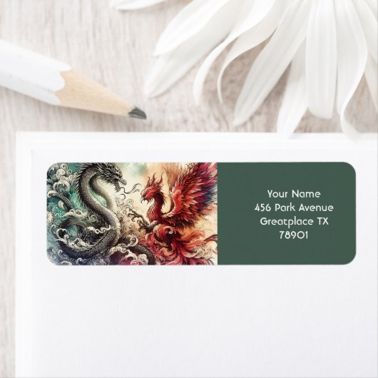 Fantasy Schattigee Dragon Phoenix Ink Etiket (Insitu)