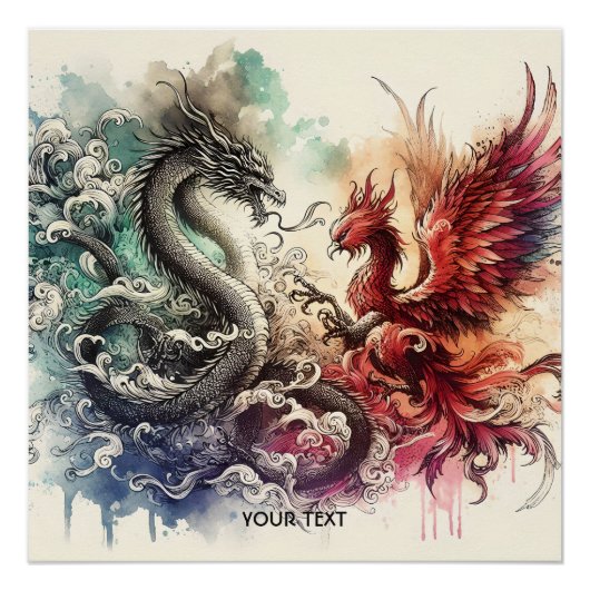 Fantasy Schattigee Dragon Phoenix Ink Perfect Poster (Voorkant)