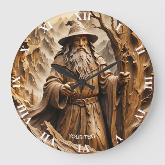 Fantasy Schattigee Houten Carving Wizard Grote Klok (Voorkant)