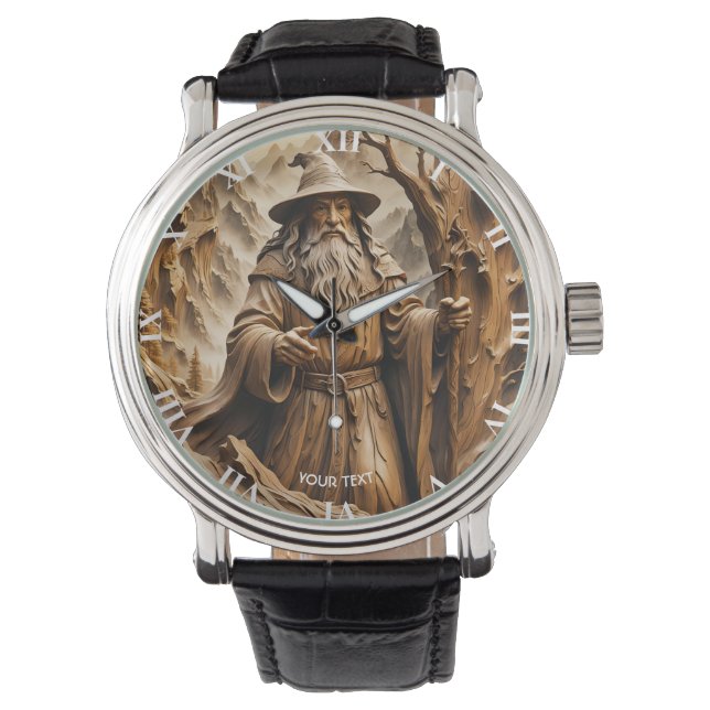 Fantasy Schattigee Houten Carving Wizard Horloge (Voorkant)