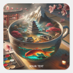 Fantasy Schattigee Japanse Tea Cup Vierkante Sticker