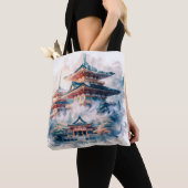 Fantasy Schattigee Japanse Tempel Waterverf Tote Bag (Dichtbij)