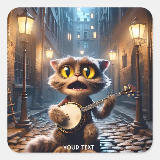 Fantasy Schattigee kat die banjo speelt Vierkante Sticker (Voorkant)