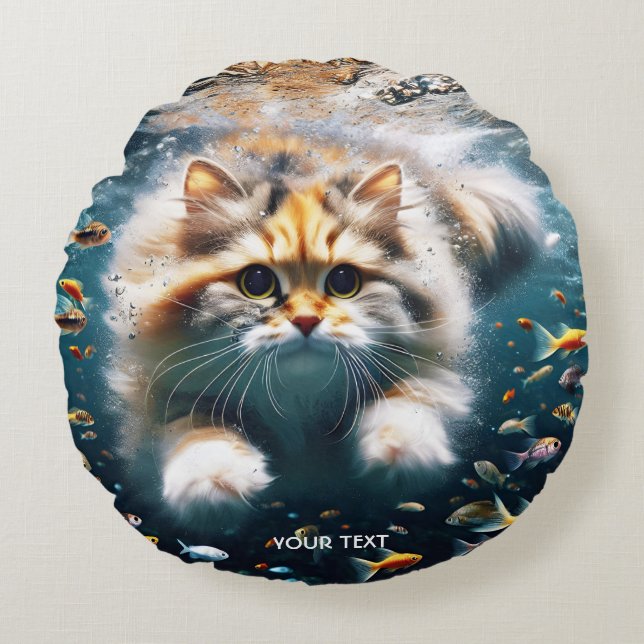 Fantasy Schattigee kat zwemmen onder water Rond Kussen (Voorkant)