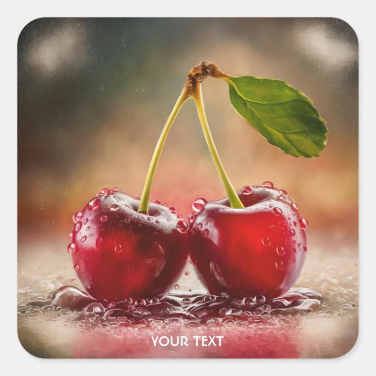 Fantasy Schattigee kersen druppels water Vierkante Sticker (Voorkant)