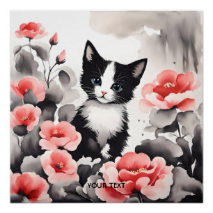 Fantasy Schattigee kitten bloemen tekening Perfect Poster