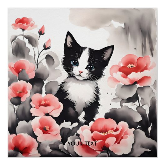 Fantasy Schattigee kitten bloemen tekening Perfect Poster (Voorkant)