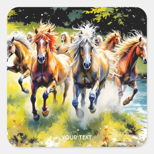 Fantasy Schattigee kudde wilde paarden Vierkante Sticker (Voorkant)