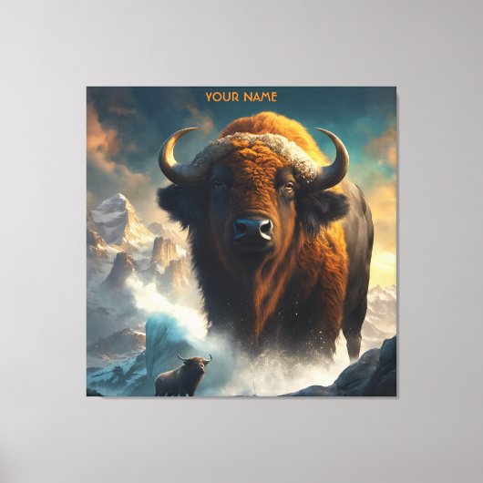 Fantasy Schattigee levendige bloemen grote buffel Canvas Afdruk (Voorkant)