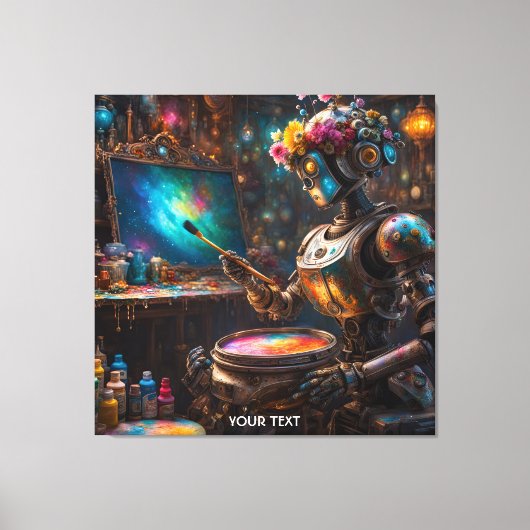 Fantasy Schattigee levendige robot met verfkwast Canvas Afdruk (Voorkant)