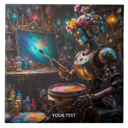 Fantasy Schattigee levendige robot met verfkwast Tegeltje (Voorkant)