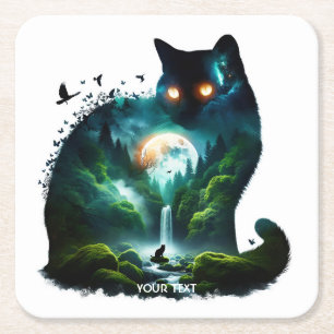 Fantasy Schattigee Maan Waterval Cat Kartonnen Onderzetters