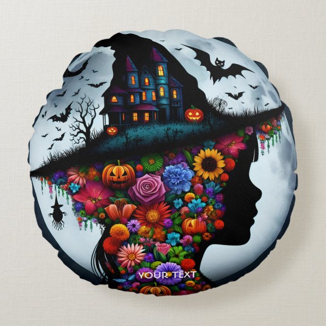 Fantasy Schattigee meisje heks Halloween Rond Kussen (Voorkant)