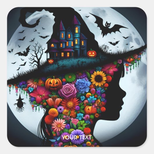 Fantasy Schattigee meisje heks Halloween Vierkante Sticker (Voorkant)