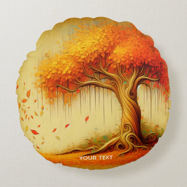 Fantasy Schattigee Oranje Herfst Tree Rond Kussen (Voorkant)