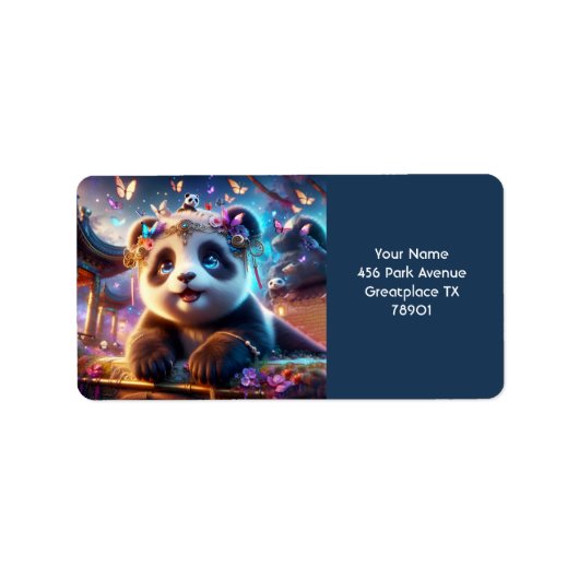 Fantasy Schattigee Panda Vlinders Bloemen Etiket (Voorkant)