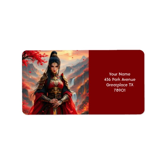 Fantasy Schattigee Rode Vrouw Samurai Etiket (Voorkant)