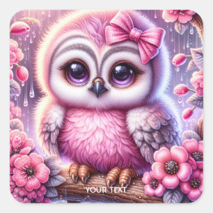 Fantasy Schattigee Roze Uil Sakura Vierkante Sticker