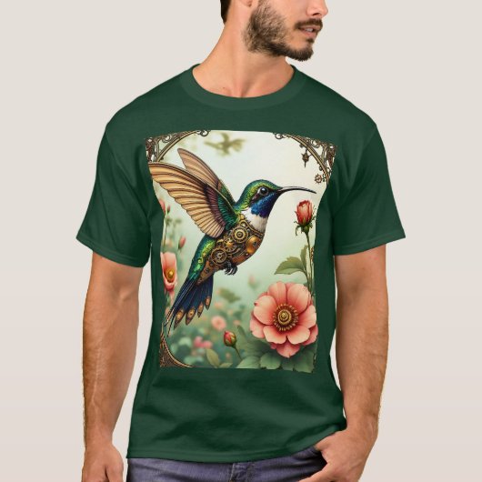 Fantasy Schattigee Steampunk Vogelbloemen T-shirt (Voorkant)