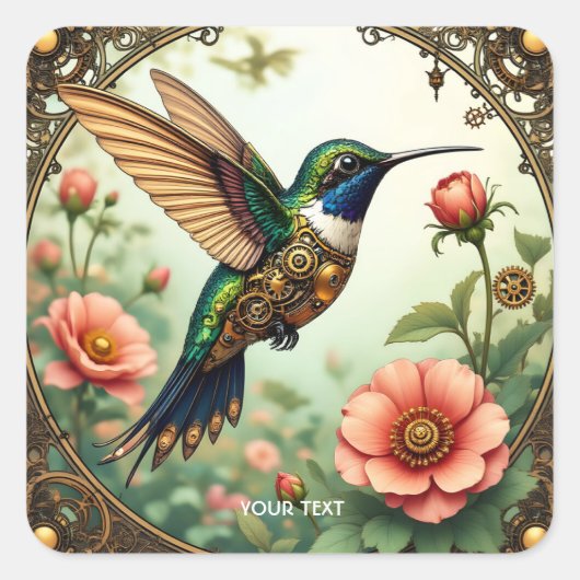 Fantasy Schattigee Steampunk Vogelbloemen Vierkante Sticker (Voorkant)