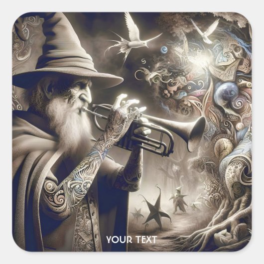 Fantasy Schattigee Tovenaar Trompet Bos Vierkante Sticker (Voorkant)