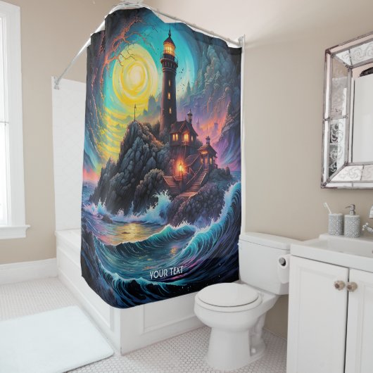 Fantasy Schattigee Vivid Lighthouse Zee Night Douchegordijn (In situ)